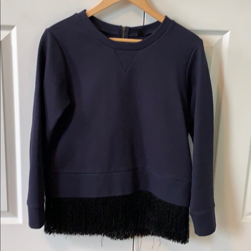 J Crew Navy Sweatshirt with Black Fringe Detail
